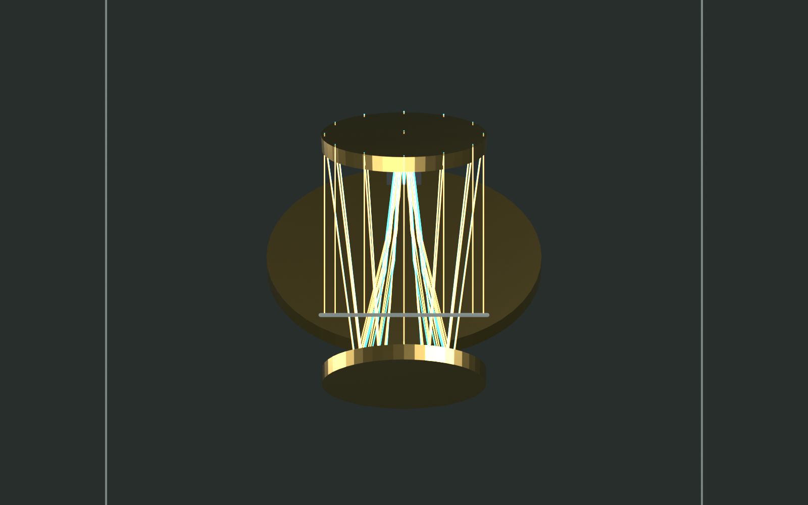 Front orthographic render of the optimized four-mirror train showing the entrance stop ring edge-on below the primary mirror.