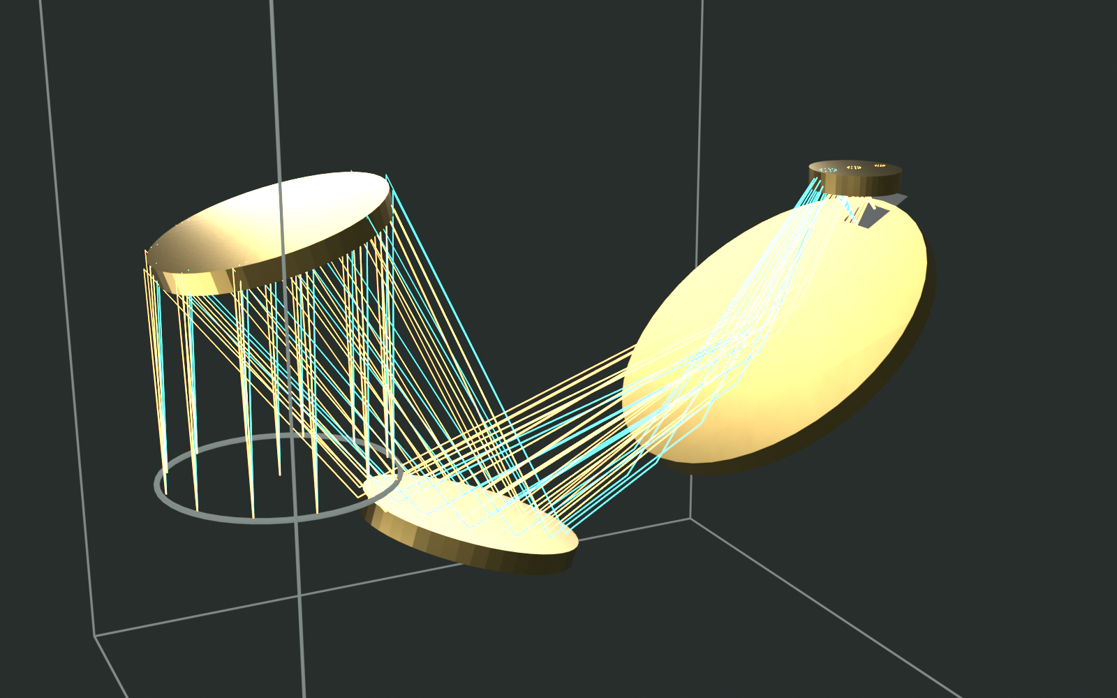 Rendered optimized four-mirror EmberScope optical train with traced beam paths inside the 150 millimetre envelope wireframe.