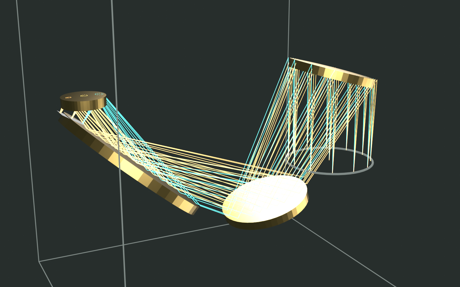 Reverse oblique render of the optimized four-mirror train showing the traced beam and mirror spacing from the opposite side.