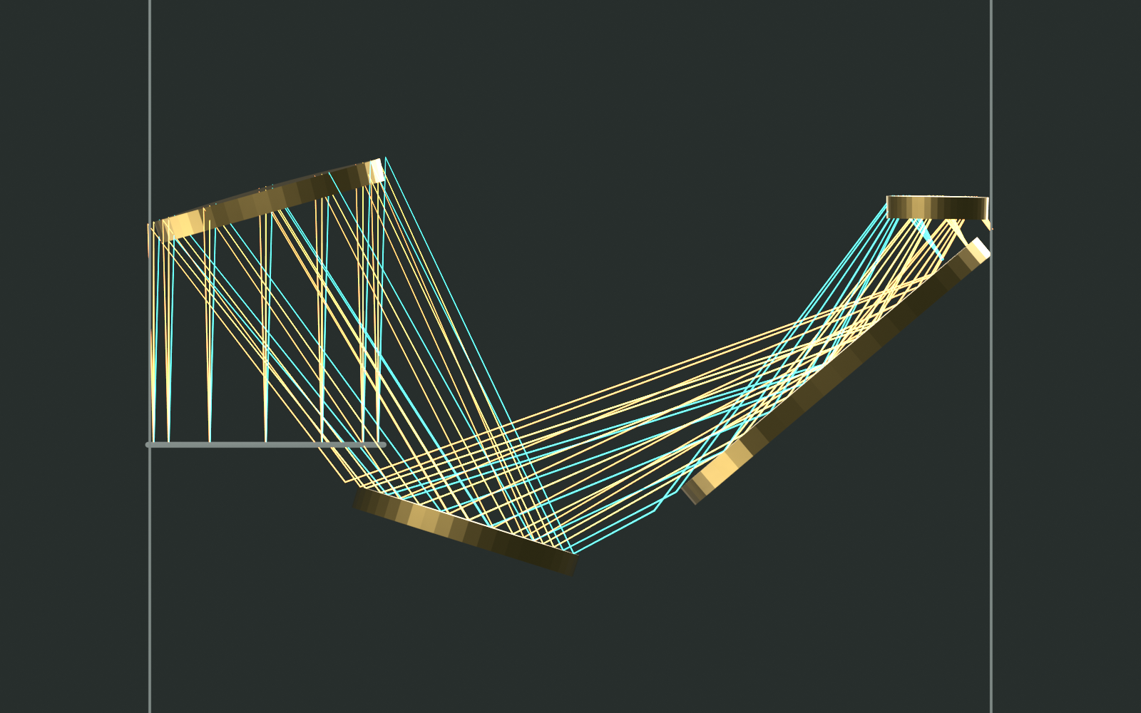 Orthographic side render of the optimized four-mirror train showing the folded beam plane and entrance stop depth.