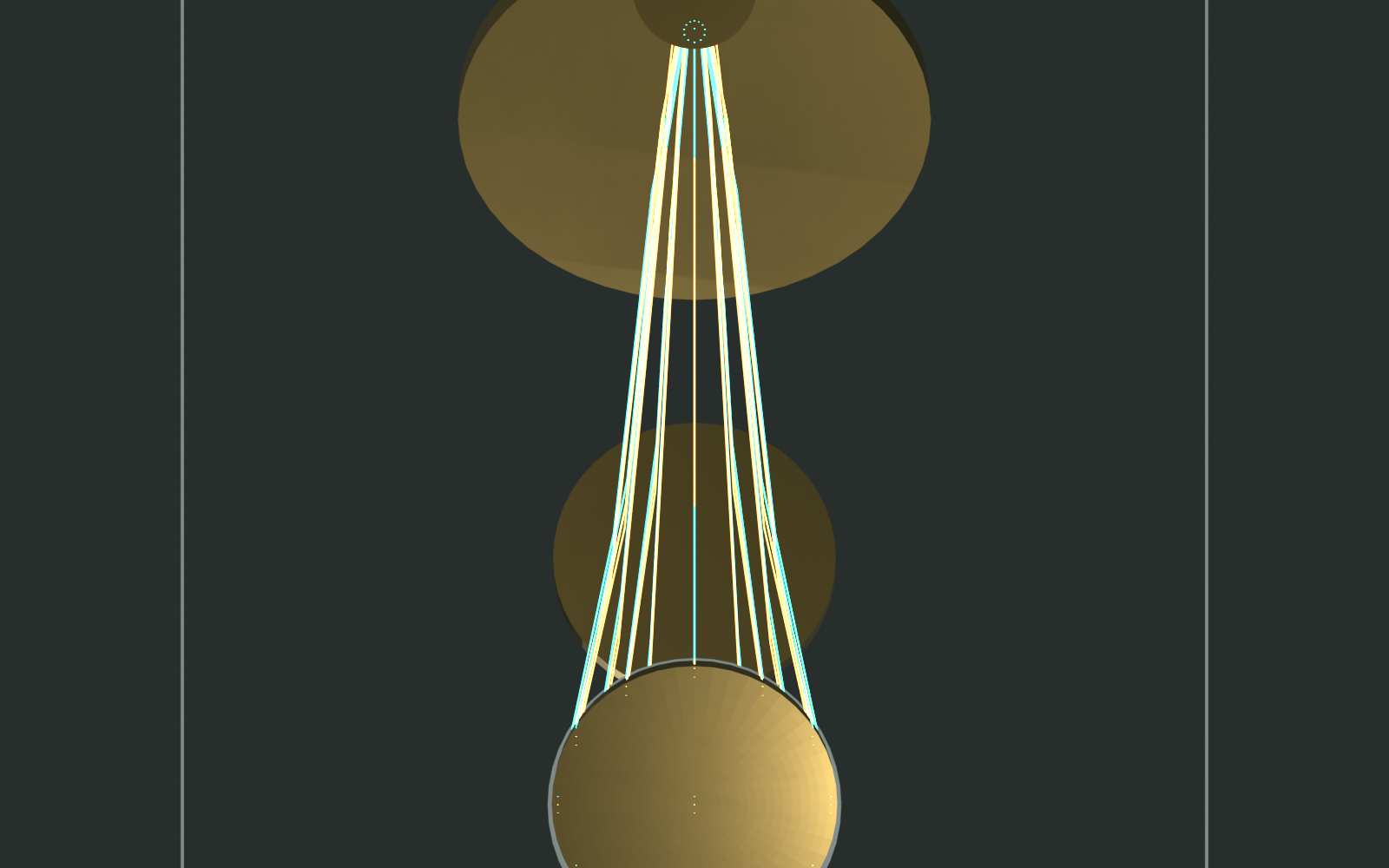 Orthographic top render of the optimized four-mirror train showing lateral spacing between mirrors and the entrance stop.