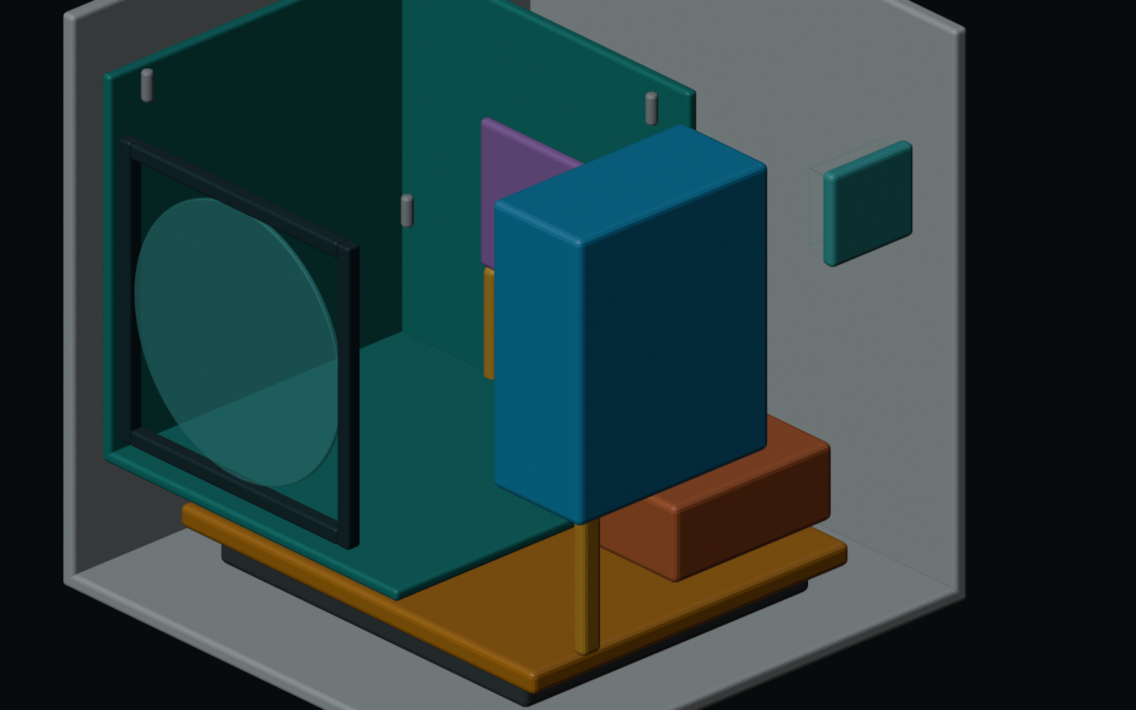 Electronics and thermal cutaway showing compute and power trays, detector carrier, connector panel, heat spreader, and thermal straps.