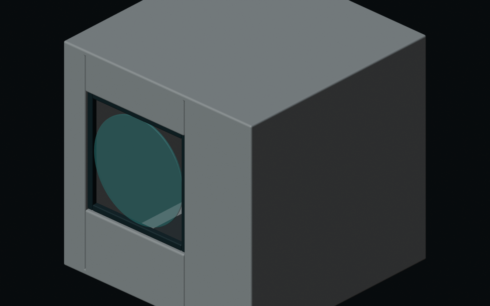 Three-quarter Blender render of the closed EmberScope payload housing with the serviceable LWIR window visible in its front carrier.